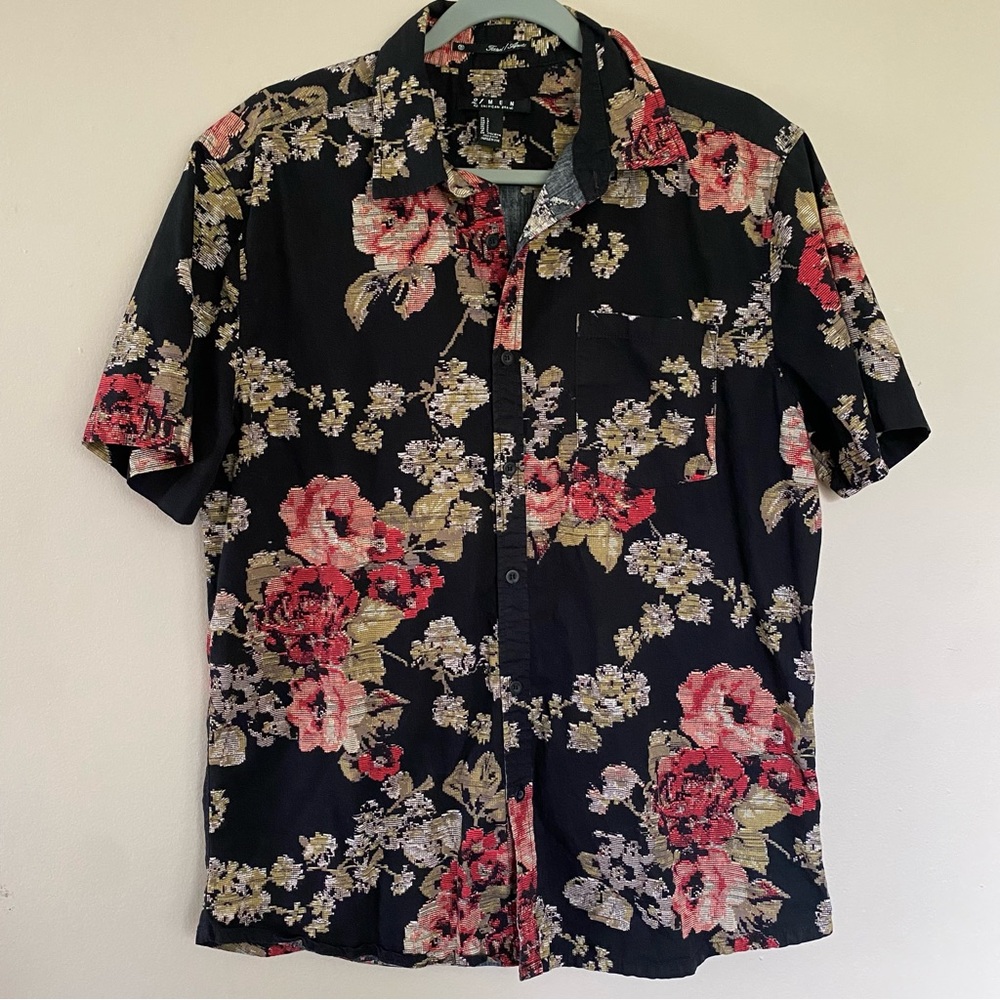 21men |  Embroidered print rose short sleeve button down